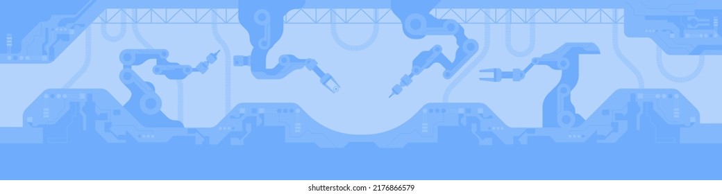 Robot arms operating at automatic production line flat color vector illustration. Contemporary manufacturing plant. Industry development facility 2D simple cartoon objects with machinery on background