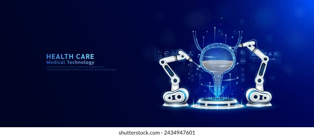 Robot arms operating healing bladder on the podium. Robotic surgery. Machine surgeon in health care and diagnose disease. Modern medical technologies innovation concept. Banner vector EPS10.