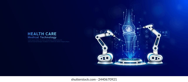 Robot arms operating healing bone knee joint on the podium. Robotic surgery. Machine surgeon in health care and diagnose disease. Modern medical technologies innovation concept. Banner vector EPS10.