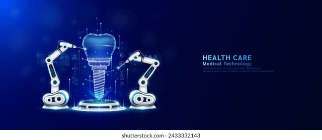 Brazos robots operando implante dental curativo en el podio. Cirugía robótica. Máquina cirujana en el cuidado de la salud y diagnosticar enfermedades. Concepto moderno de innovación en tecnologías médicas. Banner vector EPS10.