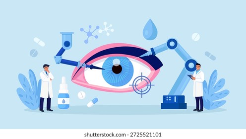 Braços de robôs operando o globo ocular de cura. Cirurgia robótica. Cirurgião-máquina e diagnóstico de doenças. Cirurgia visual, catarata e astigmatismo. Inovação em tecnologias médicas