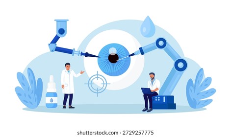 Robot arms operating healing eyeball. Robotic surgery. Machine surgeon and disease diagnostics. Vision eye surgery cataract and astigmatism. Medical technologies innovation