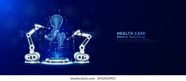 Robot arms operating healing hip bone joint on the podium. Robotic surgery. Machine surgeon in health care and diagnose disease. Modern medical technologies innovation concept. Banner vector EPS10.