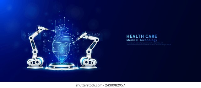 Brazos robots operando corazón humano curativo en el podio. Cirugía robótica. Máquina cirujana en el cuidado de la salud y diagnosticar enfermedades. Concepto moderno de innovación en tecnologías médicas. Banner vector EPS10.