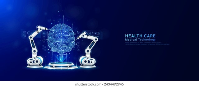 Robot arms operating healing human brain on the podium. Robotic surgery. Machine surgeon in health care and diagnose disease. Modern medical technologies innovation concept. Banner vector EPS10.