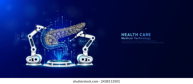Robot arms operating healing human pancreas on the podium. Robotic surgery. Machine surgeon in health care and diagnose disease. Modern medical technologies innovation concept. Banner vector EPS10.
