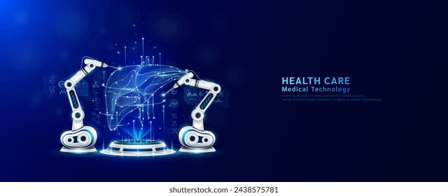 Robot arms operating healing human liver on the podium. Robotic surgery. Machine surgeon in health care and diagnose disease. Modern medical technologies innovation concept. Banner vector EPS10.