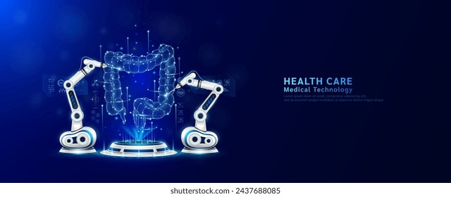 Robot arms operating healing intestine on the podium. Robotic surgery. Machine surgeon in health care and diagnose disease. Modern medical technologies innovation concept. Banner vector EPS10.