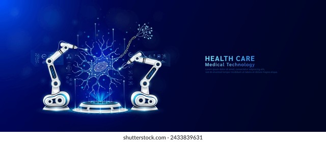 Robot arms operating healing nerve cell on the podium. Robotic surgery. Machine surgeon in health care and diagnose disease. Modern medical technologies innovation concept. Banner vector EPS10.
