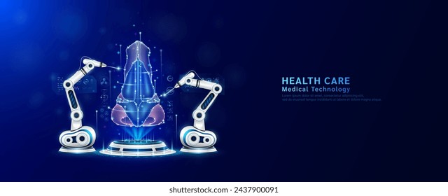 Brazos robots operando nariz curativa en el podio. Cirugía robótica. Máquina cirujana en el cuidado de la salud y diagnosticar enfermedades. Concepto moderno de innovación en tecnologías médicas. Banner vector EPS10.