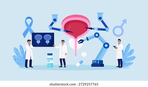 Robot arms operating healing prostate, bladder. Robotic surgery. Modern prostate cancer treatment. Medical technologies innovation. Urologist doctor treating diseases of genitourinary system with AI