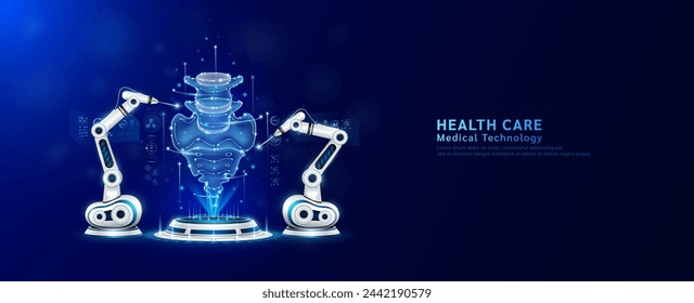 Robot arms operating healing sacrum bone on the podium. Robotic surgery. Machine surgeon in health care and diagnose disease. Modern medical technologies innovation concept. Banner vector EPS10.