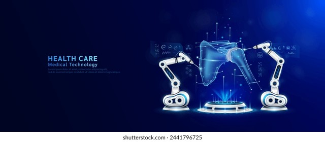 Robot arms operating healing shoulder joint on the podium. Robotic surgery. Machine surgeon in health care and diagnose disease. Modern medical technologies innovation concept. Banner vector EPS10.