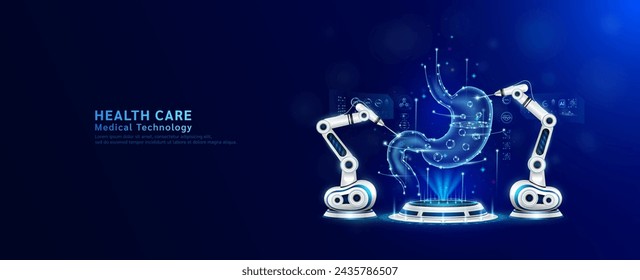Robot arms operating healing stomach on the podium. Robotic surgery. Machine surgeon in health care and diagnose disease. Modern medical technologies innovation concept. Banner vector EPS10.