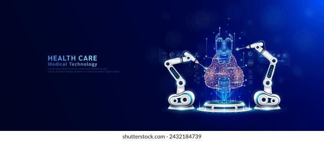 Robot arms operating healing thyroid gland on the podium. Robotic surgery. Machine surgeon in health care and diagnose disease. Modern medical technologies innovation concept. Banner vector EPS10.