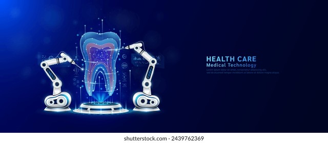 Brazos robots operando dientes curativos en el podio. Cirugía robótica. Máquina cirujana en el cuidado de la salud y diagnosticar enfermedades. Concepto moderno de innovación en tecnologías médicas. Banner vector EPS10.