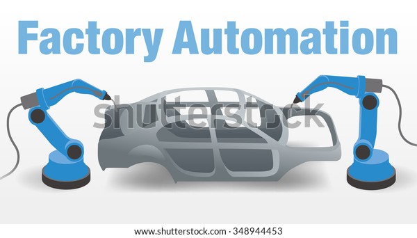 robot arms and vehicle\
frame, Factory automation, Industry 4.0, Internet of Things, vector\
illustration