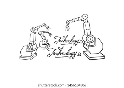 Robot arms working on the letters technology. Car factory equipment outline illustration. Mechanic serial electric hand simple outline drawing.