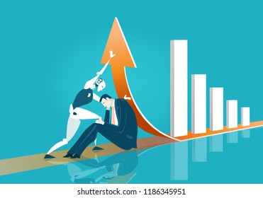 Robot, artificial intellect helping to businessman hold the arrow up, representing the growth and success in business. Advisory, support and business idea creation concept. 