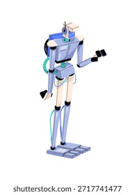 Robot con inteligencia artificial de otro planeta se comunica. Alien, la máquina humanoide se para, habla. Personaje del espacio, astronauta OVNI. Ilustración vectorial aislada plana sobre fondo blanco