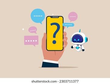 Robot artificial intelligence ask Questions and receive Answers. Online Support center. Flat vector illustration