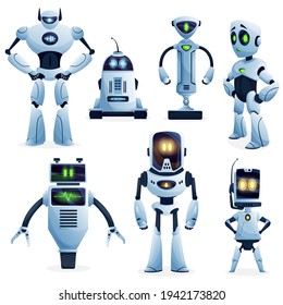 Robot and artificial intelligence bot cartoon characters. Vector ai robots, androids, cyborgs and droids with humanoid bodies, cute computer faces and mechanical manipulator arms, antennas, headphones