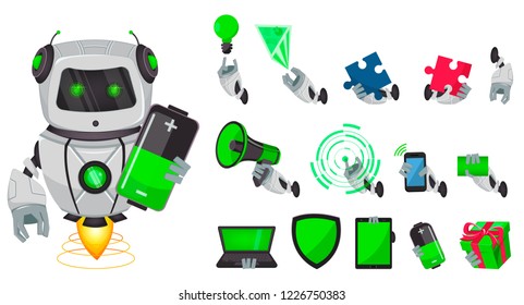 Robot with artificial intelligence, bot. Funny cartoon character, pack of body parts and things. Humanoid cybernetic organism. Future concept. Vector Illustration