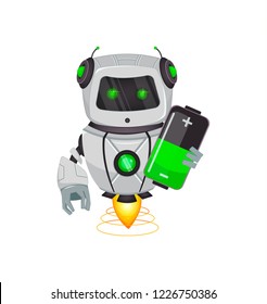 Robot with artificial intelligence, bot. Funny cartoon character holds battery. Humanoid cybernetic organism. Future concept. Vector Illustration