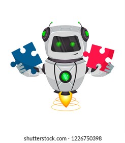 Robot with artificial intelligence, bot. Funny cartoon character holds two pieces of puzzle. Humanoid cybernetic organism. Future concept. Vector Illustration