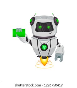 Robot with artificial intelligence, bot. Funny cartoon character holds blank business card. Humanoid cybernetic organism. Future concept. Vector Illustration