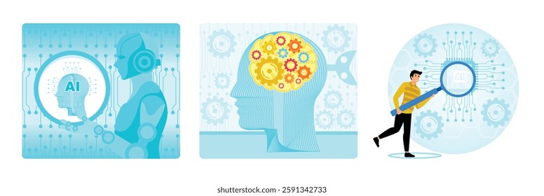 A robot and artificial intelligence brain concept. Intellectual manipulation with a man head seen in profile with a key on the back of the skull. A person examining AI technologies. 