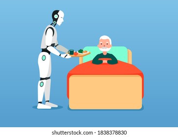 Robot with artificial intelligence brings breakfest for grandfather he lyings on bed and cares about him. Vector graphic art.