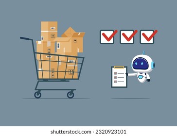 Robot with artificial intelligence checking supply assets and purchasing company equipments, goods and service, audit and checking price. Flat vector illustration