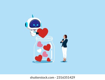 Robot with artificial intelligence collect love heart symbol into Glass Jar. Saint Valentine's day card. Love you. Flat vector illustration