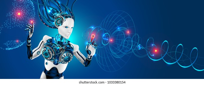 Robot with artificial intelligence control global communications. Robot use virtual hud interface. Technology satellite communication network and internet. Vector abstract future industrial background