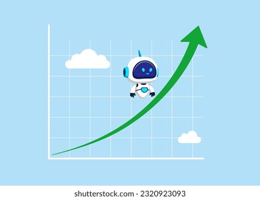 Robot with artificial intelligence cruising on rising up green stock market arrow graph. Cyborg earning and profit increase in new economy stock market. Flat vector illustration.