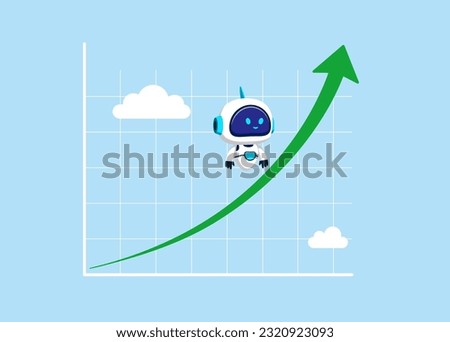Robot with artificial intelligence cruising on rising up green stock market arrow graph. Cyborg earning and profit increase in new economy stock market. Flat vector illustration.