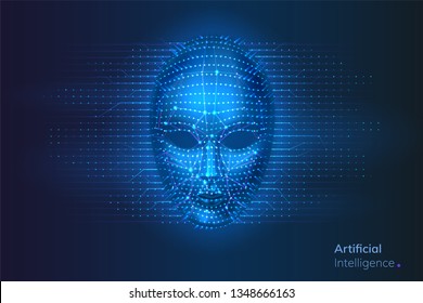 Robot or artificial intelligence cyber face with dots and lines. Neural network connections near bionic or virtual human head. AI and computer technology, identification and intellect concept