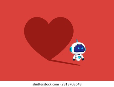Robot with artificial intelligence dreams of to be loved. Confident handsome new cyborg standing heart shadow concept illustration.