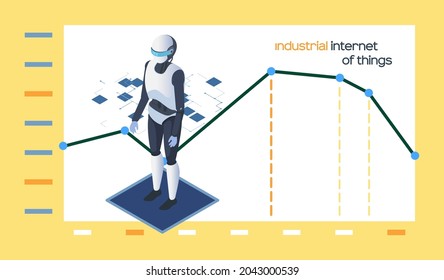 Gráfica de inteligencia artificial robot y indicadores de dinámica con marcas. Internet industrial de las cosas concepto con asistente humanoide nuevas tecnologías atributos del progreso tecnológico