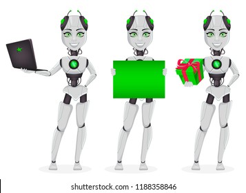 Robot with artificial intelligence, female bot, set of three poses. Cute cartoon character holding laptop, holding placard and holding gift box. Future concept. Vector Illustration