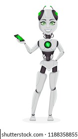 Robot with artificial intelligence, female bot. Cute cartoon character holding smartphone. Humanoid cybernetic organism. Future concept. Vector Illustration