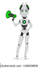 Robot with artificial intelligence, female bot. Cute cartoon character holding loudspeaker. Humanoid cybernetic organism. Future concept. Vector Illustration