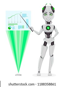 Robot with artificial intelligence, female bot. Cute cartoon character pointing on holographic infographics. Humanoid cybernetic organism. Future concept. Vector Illustration