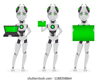 Robot with artificial intelligence, female bot, set of three poses. Cute cartoon character holding laptop, holding card and holding placard. Future concept. Vector Illustration