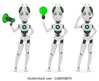 Robot with artificial intelligence, female bot, set of three poses. Cute cartoon character holding loudspeaker and having a good idea. Future concept. Vector Illustration