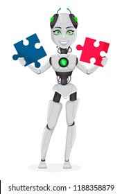 Robot with artificial intelligence, female bot. Cute cartoon character holding two pieces of puzzle. Humanoid cybernetic organism. Future concept. Vector Illustration