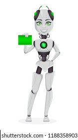 Robot with artificial intelligence, female bot. Cute cartoon character holding green banner. Humanoid cybernetic organism. Future concept. Vector Illustration