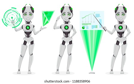 Robot with artificial intelligence, female bot, set of three poses. Cute cartoon character having a good idea and pointing on holographic infographics. Future concept. Vector Illustration