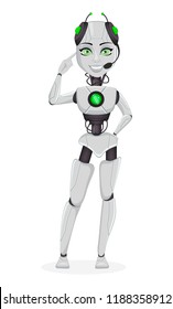 Robot with artificial intelligence, female bot. Cute cartoon character pointing on her head. Humanoid cybernetic organism. Future concept. Vector Illustration